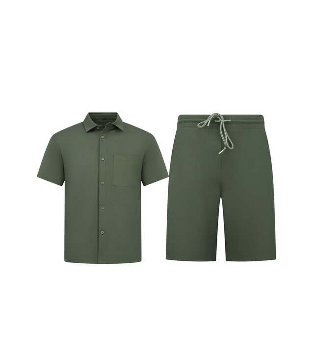 Enos Herren-Sommer-Set – Geripptes Oversize-Hemd und Shorts – Zweiteiliges Set – F-5830 – Grün