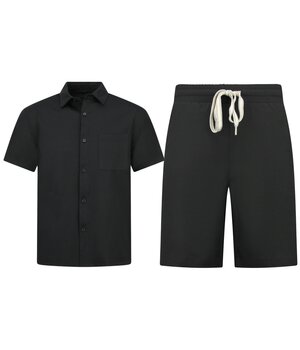 Enos Herren-Sommer-Set – Geripptes Oversize-Hemd und Shorts – Zweiteiliges Set – F-5830 – Schwarz