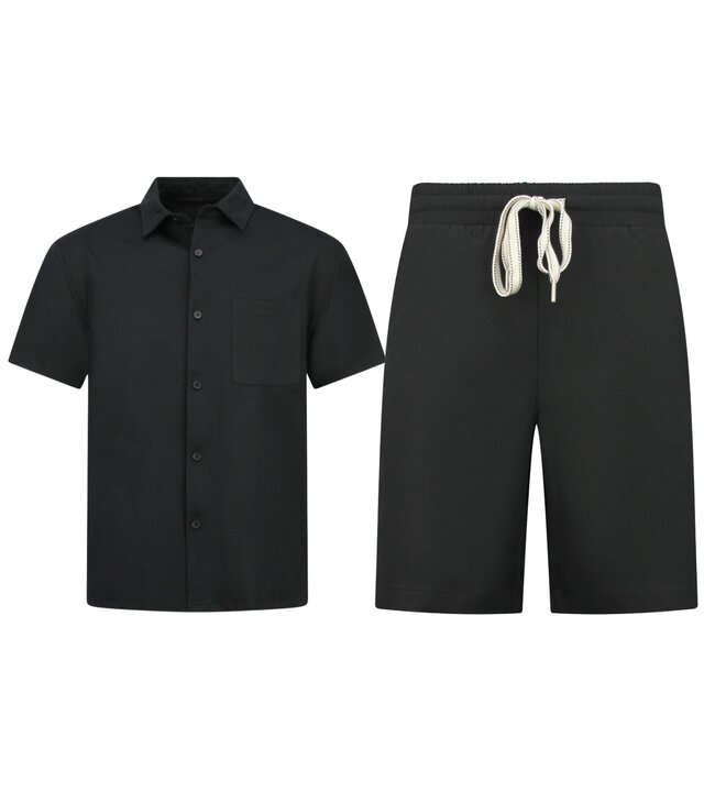 Enos Herren-Sommer-Set – Geripptes Oversize-Hemd und Shorts – Zweiteiliges Set – F-5830 – Schwarz