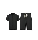 Enos Herren-Sommer-Set – Geripptes Oversize-Hemd und Shorts – Zweiteiliges Set – F-5830 – Schwarz