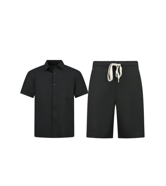 Enos Herren-Sommer-Set – Geripptes Oversize-Hemd und Shorts – Zweiteiliges Set – F-5830 – Schwarz