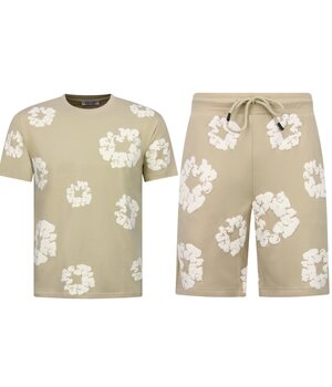 True Rise Sommer-Set für Herren mit Blumenmuster – Blumenanzug mit Shorts, Herren-Twinset – 1770 – Braun