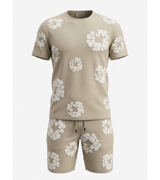 True Rise Sommer-Set für Herren mit Blumenmuster – Blumenanzug mit Shorts, Herren-Twinset – 1770 – Braun