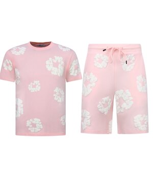 True Rise Sommer-Set für Herren mit Blumenmuster – Blumenanzug mit Shorts, Herren-Twinset – 1770 – Rosa