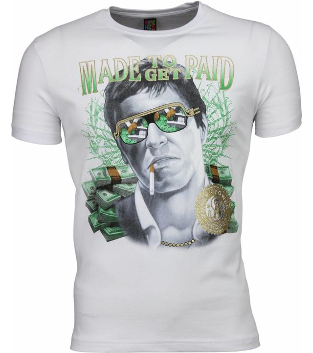 Mascherano T Shirt Herren - Scarface Made To Get Paid Print - Weiß