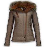 Milan Ferronetti Jacke mit Fellkragen - Winterjacke Damen Kurz - Braun