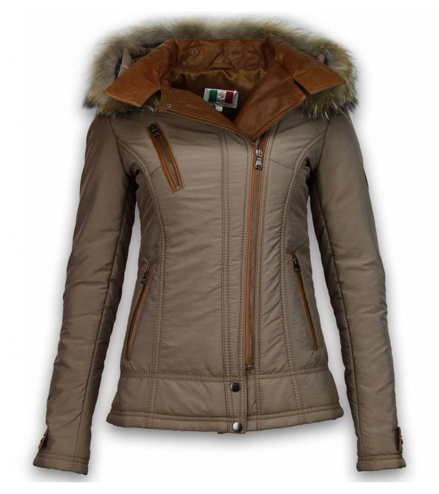 Milan Ferronetti Jacke mit Fellkragen - Winterjacke Damen Kurz - Braun