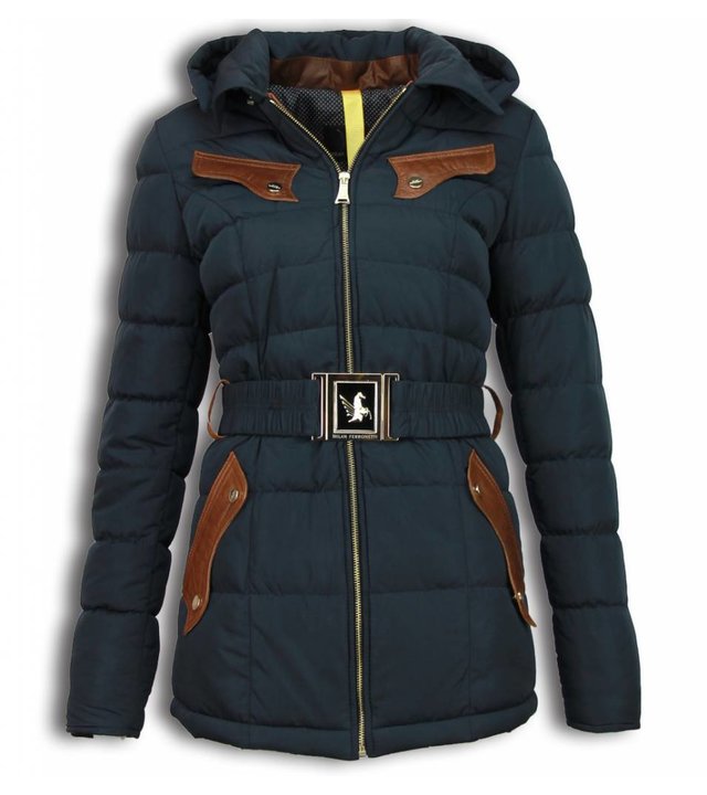 Milan Ferronetti Jacke mit Fellkragen - Winterjacke Damen Lang - Mit Gürtel - Blau