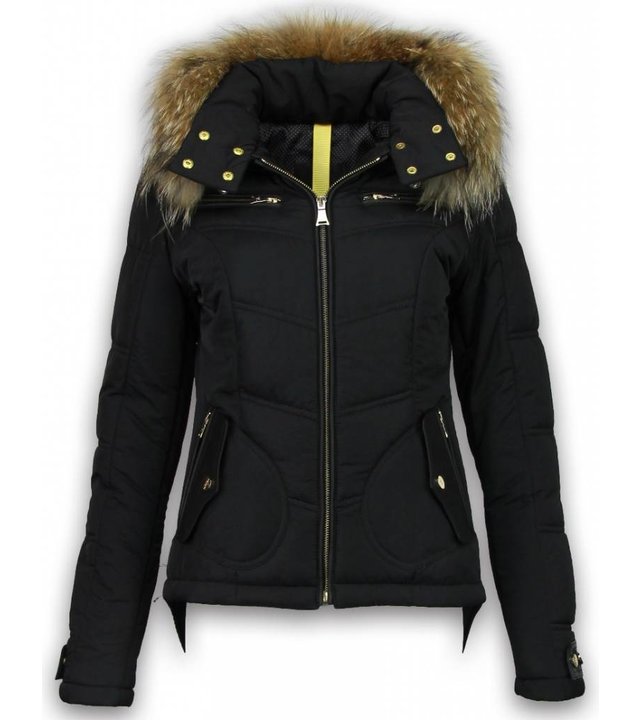 Milan Ferronetti Jacke mit Fellkragen - Winterjacke Damen Lang - Schwarz