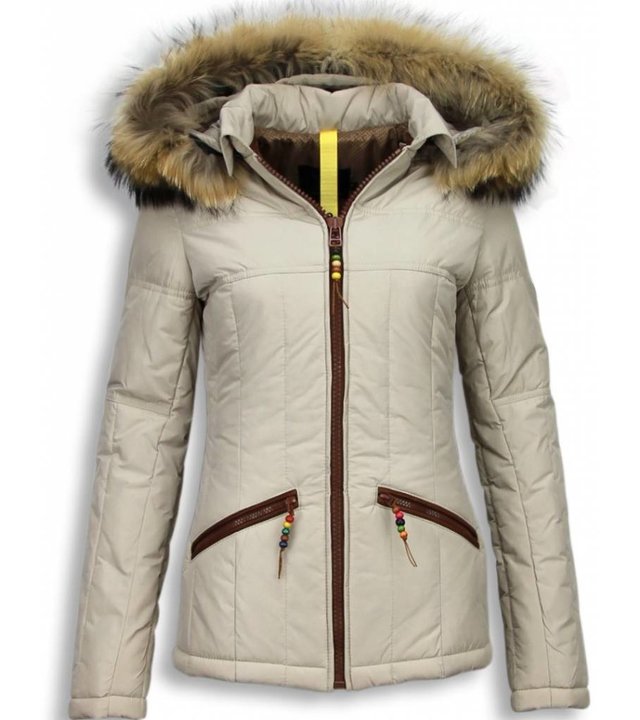 Milan Ferronetti Jacken mit Fellkragen - Winterjacken Damen Kurze - Beads Edition - Beige