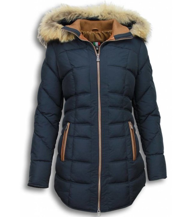 Milan Ferronetti Jacken mit Fellkragen - Winterjacken Damen Lange - Genäht - Country Edition - Blau