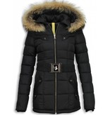 Milan Ferronetti Jacken mit Fellkragen - Damen Winterjacke Hälfte Lang - Black On Black Edition - Schwarz