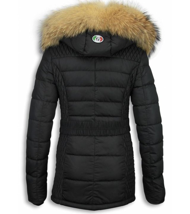 Milan Ferronetti Jacken mit Fellkragen - Damen Winterjacke Hälfte Lang - Black On Black Edition - Schwarz