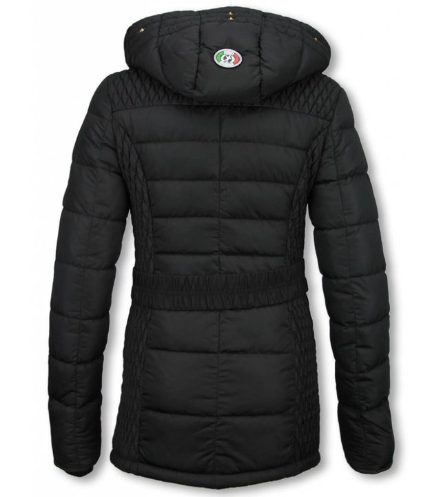 Milan Ferronetti Jacken mit Fellkragen - Damen Winterjacke Hälfte Lang - Black On Black Edition - Schwarz