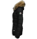 Milan Ferronetti Jacken mit Fellkragen - Damen Winterjacke Hälfte Lang - Black On Black Edition - Schwarz
