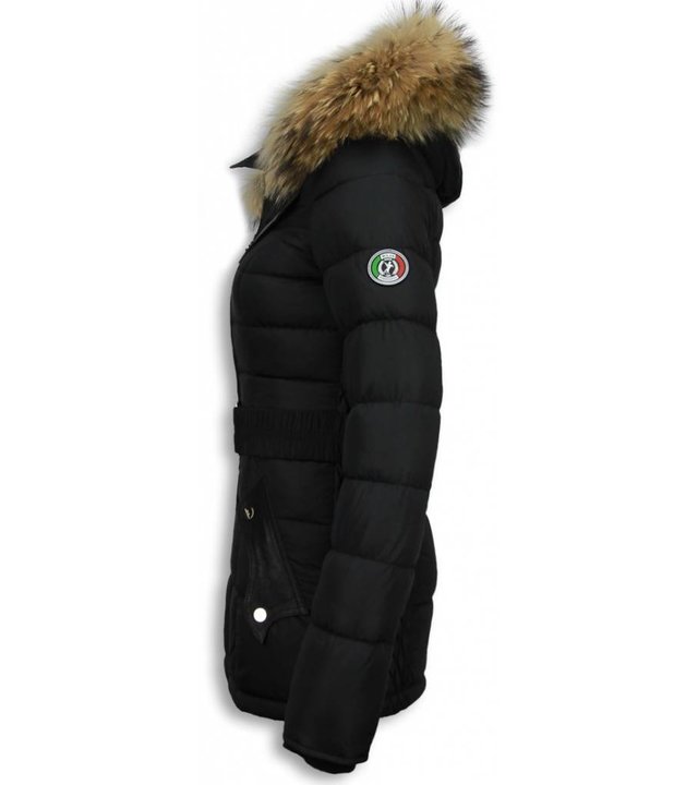 Milan Ferronetti Jacken mit Fellkragen - Damen Winterjacke Hälfte Lang - Black On Black Edition - Schwarz