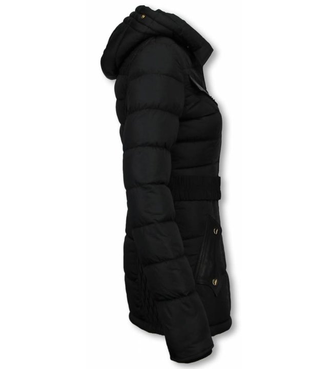 Milan Ferronetti Jacken mit Fellkragen - Damen Winterjacke Hälfte Lang - Black On Black Edition - Schwarz