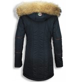 Milan Ferronetti Jacken mit Fellkragen - Winterjacken Damen Lange - Schrägen Reißverschluss Taschen - Blau