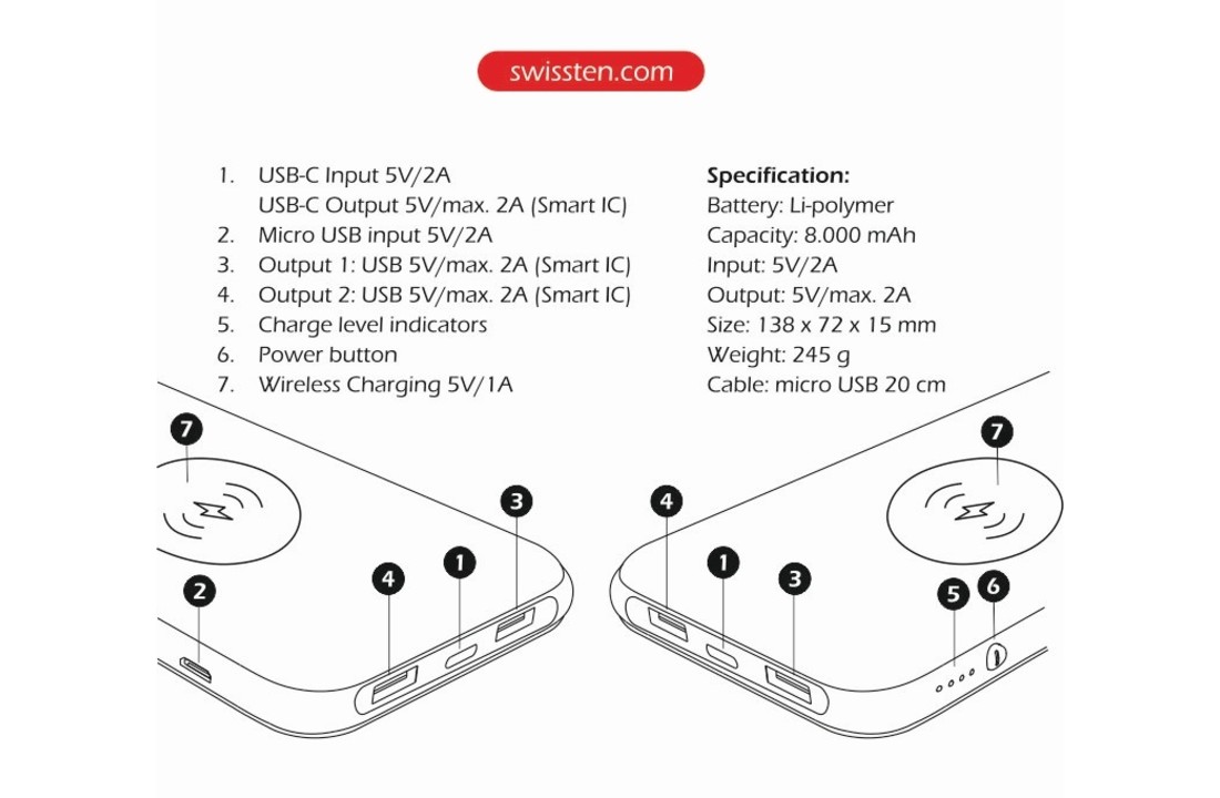 Swissten Wireless Slim Powerbank 8000 mAh USB-C Input
