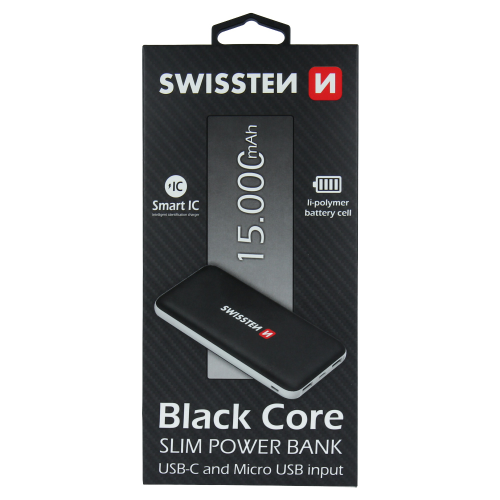 Swissten Black Core Slim Powerbank 15.000 mAh USB-C Input
