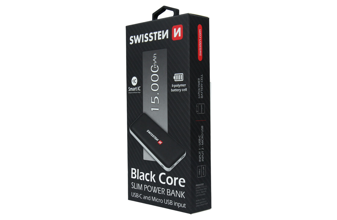 Swissten Black Core Slim Powerbank 15.000 mAh USB-C Input
