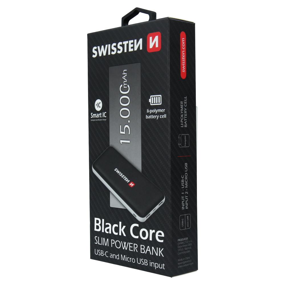 Swissten Black Core Slim Powerbank 15.000 mAh USB-C Input