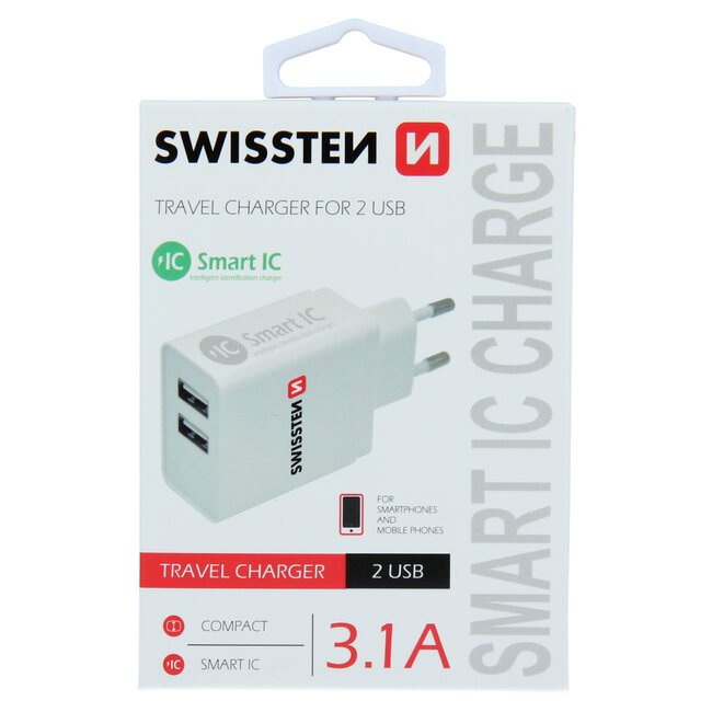 Swissten USB oplader met 2 USB Poorten - 3.1A - Wit