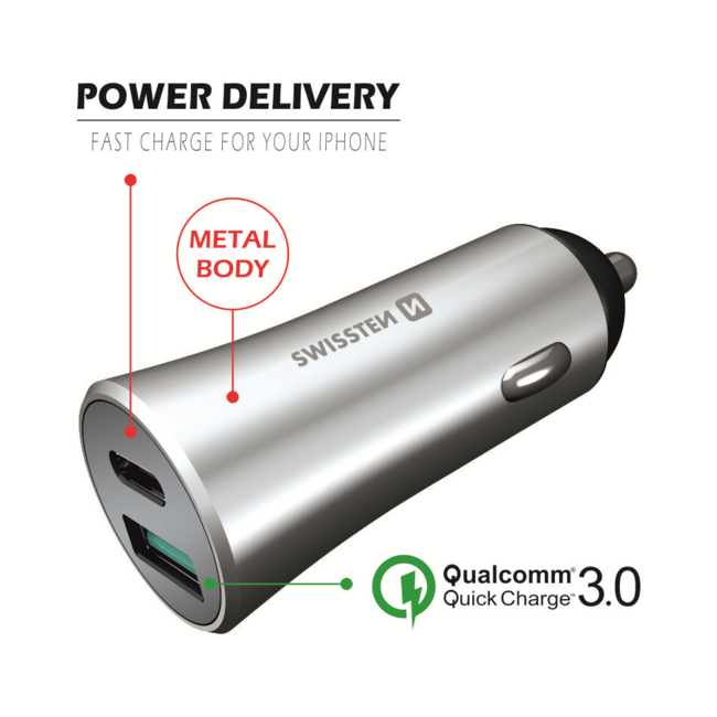 Swissten Autolader USB-C Poort + Quick Charge 3.0 USB Poort 36W Snel Laden Zilver
