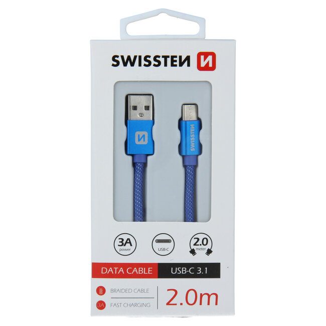Swissten USB-C naar USB-A Kabel 2 Meter Blauw