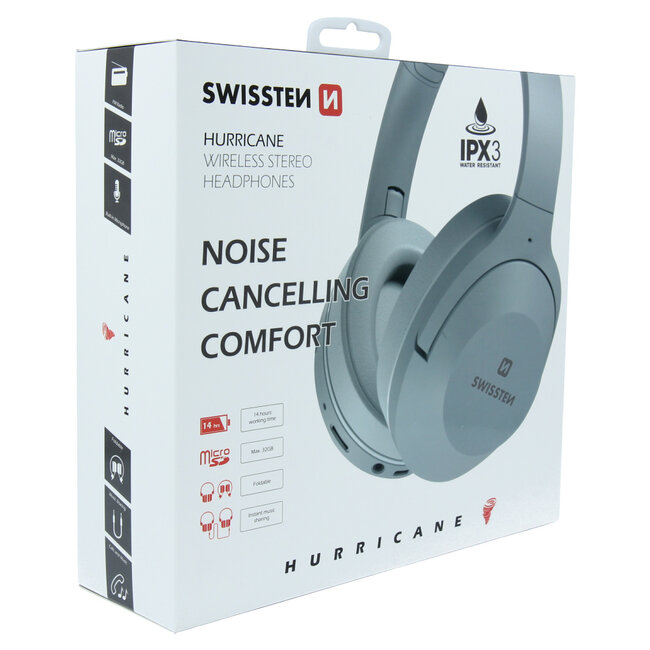 Swissten Hurricane - Draadloze over-ear koptelefoon met Noise Cancelling - Grijs