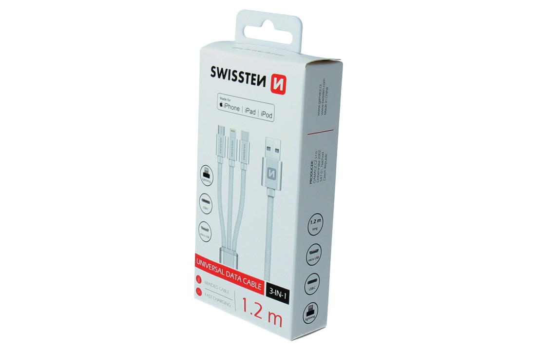Swissten 3 in 1 kabel - Micro USB / USB-C / Lightning kabel - Gecertificeerd door Apple - 1.2M - Zilver