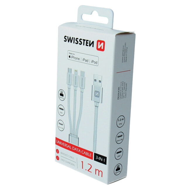 Swissten 3 in 1 kabel - Micro USB / USB-C / Lightning kabel - Gecertificeerd door Apple - 1.2M - Zilver