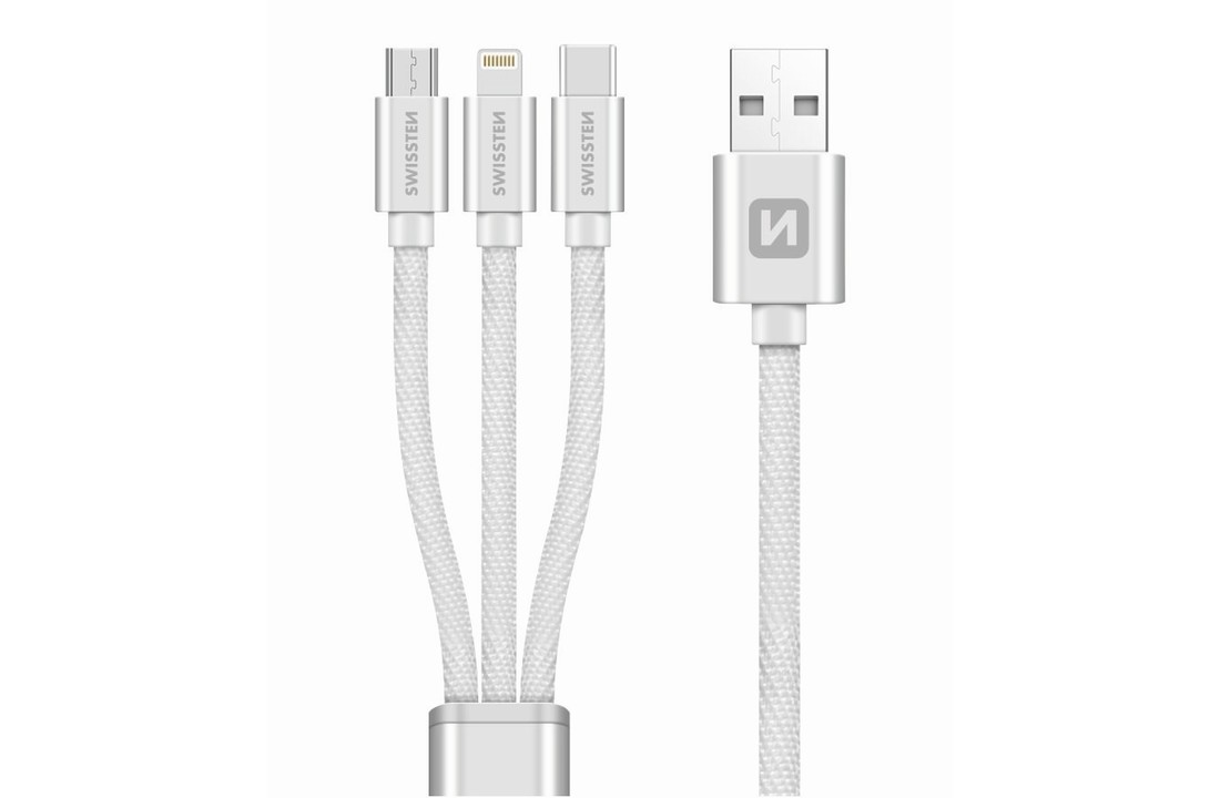 Swissten 3 in 1 kabel - Micro USB / USB-C / Lightning kabel - Gecertificeerd door Apple - 1.2M - Zilver