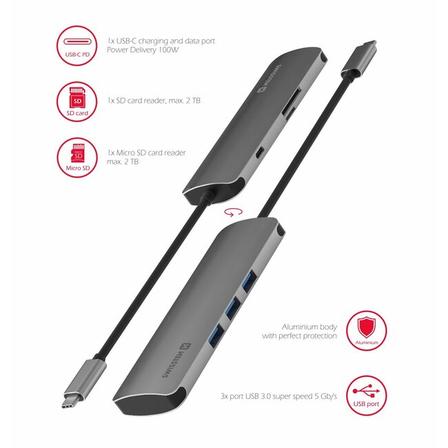 Swissten Aluminium 6 in 1 USB-C Hub Adapter - Grijs