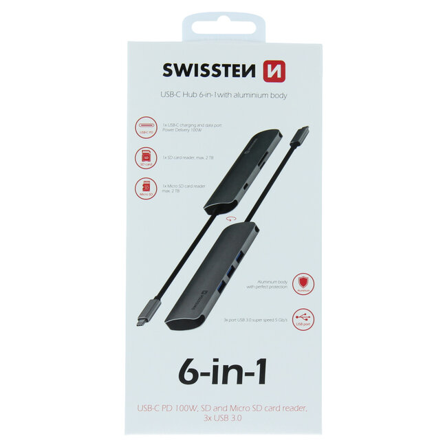 Swissten Aluminium 6 in 1 USB-C Hub Adapter - Grijs