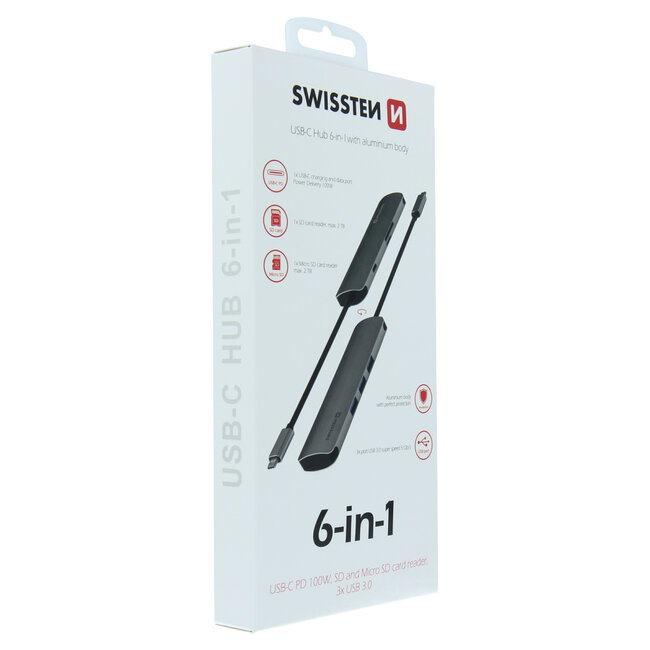 Swissten Aluminium 6 in 1 USB-C Hub Adapter - Grijs