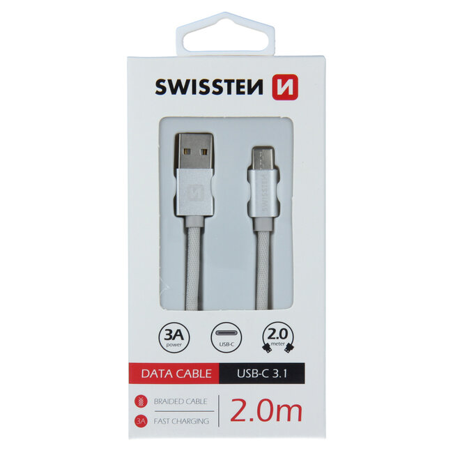Swissten USB-C naar USB-A Kabel 2 Meter Zilver