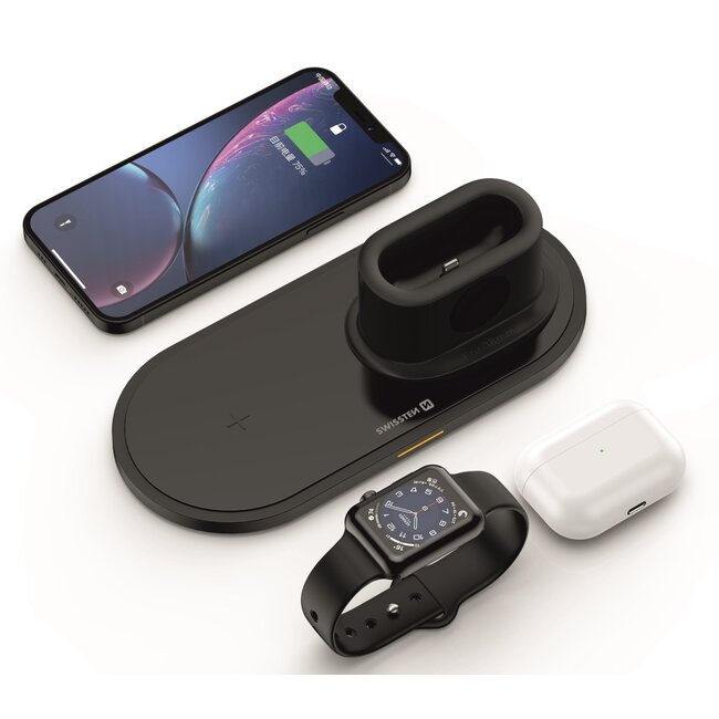 Swissten 3 in 1 Draadloze Oplader  - voor iPhone, Airpods en Apple Watch - 15W - Zwart