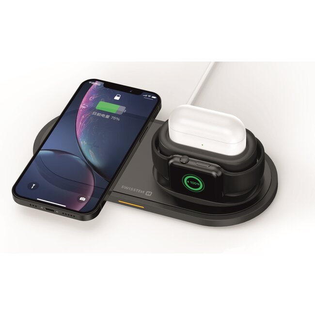 Swissten 3 in 1 Draadloze Oplader  - voor iPhone, Airpods en Apple Watch - 15W - Zwart