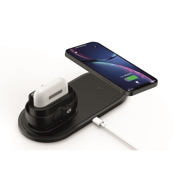 Swissten 3 in 1 Draadloze Oplader  - voor iPhone, Airpods en Apple Watch - 15W - Zwart