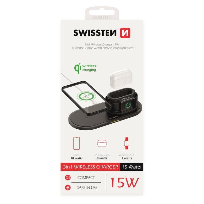 Swissten 3 in 1 Draadloze Oplader  - voor iPhone, Airpods en Apple Watch - 15W - Zwart
