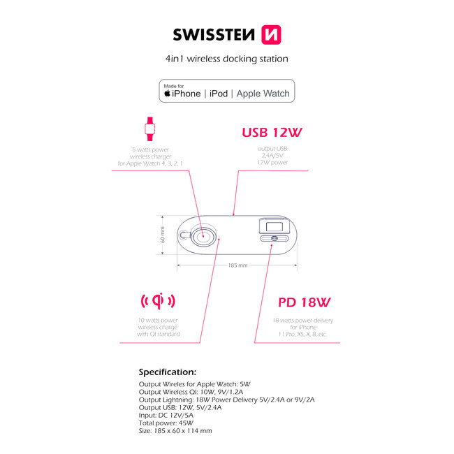 Swissten 4 in 1 Draadloze Oplader - Apple Gecertificeerd - 45W - Zwart