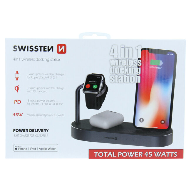 Swissten 4 in 1 Draadloze Oplader - Apple Gecertificeerd - 45W - Zwart