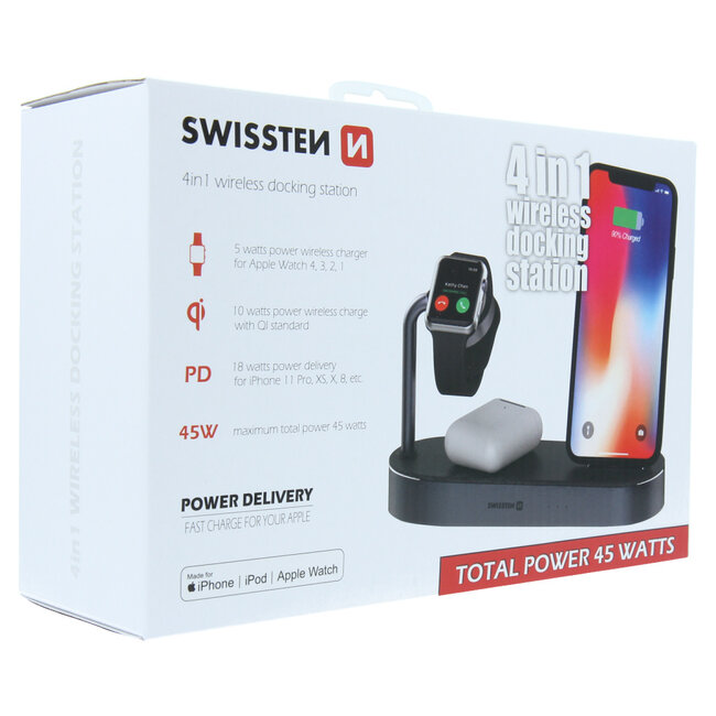 Swissten 4 in 1 Draadloze Oplader - Apple Gecertificeerd - 45W - Zwart