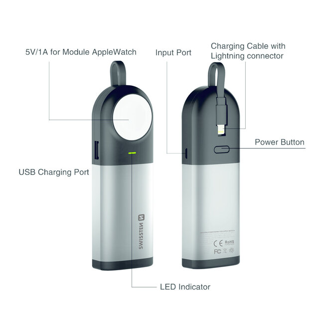 Swissten 3 in 1 Apple Watch Powerbank - Apple gecertificeerd - 6700 mAh