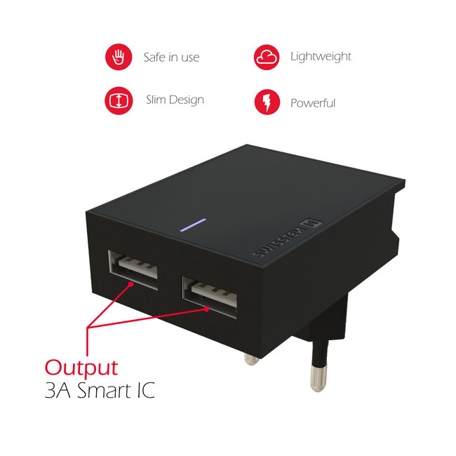 Swissten USB Oplader met 2 USB Poorten - 15W - Zwart