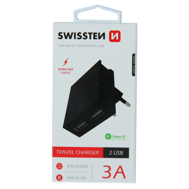 Swissten USB Oplader met 2 USB Poorten - 15W - Zwart