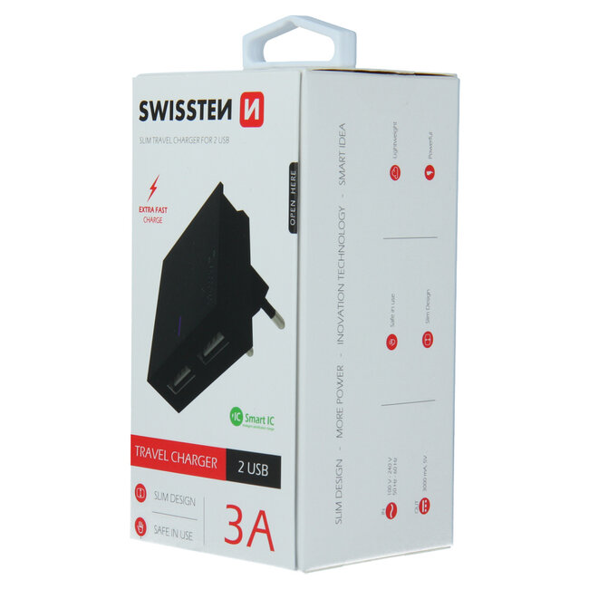 Swissten USB Oplader met 2 USB Poorten - 15W - Zwart