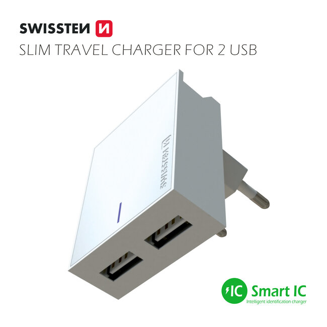 Swissten USB Oplader met 2 USB Poorten - Smart IC - 15W - Wit