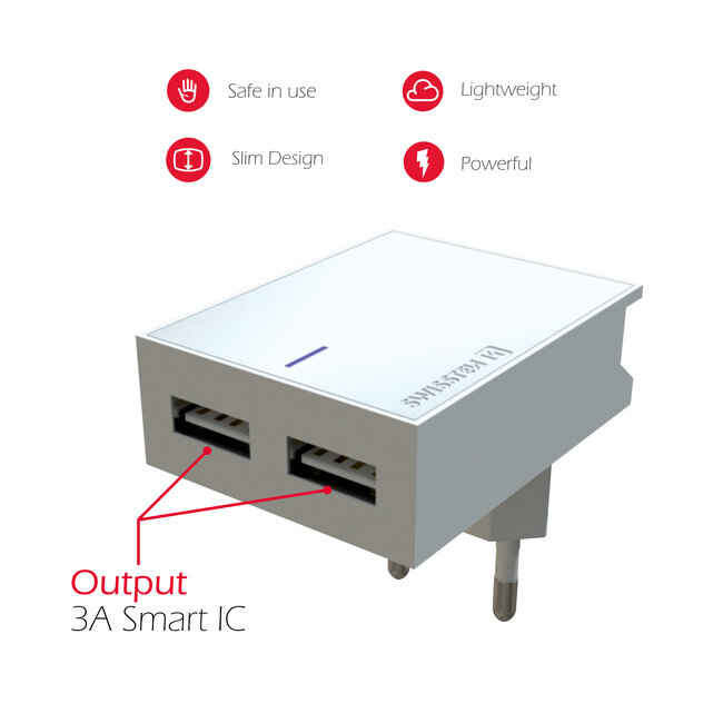 Swissten USB Oplader met 2 USB Poorten - Smart IC - 15W - Wit